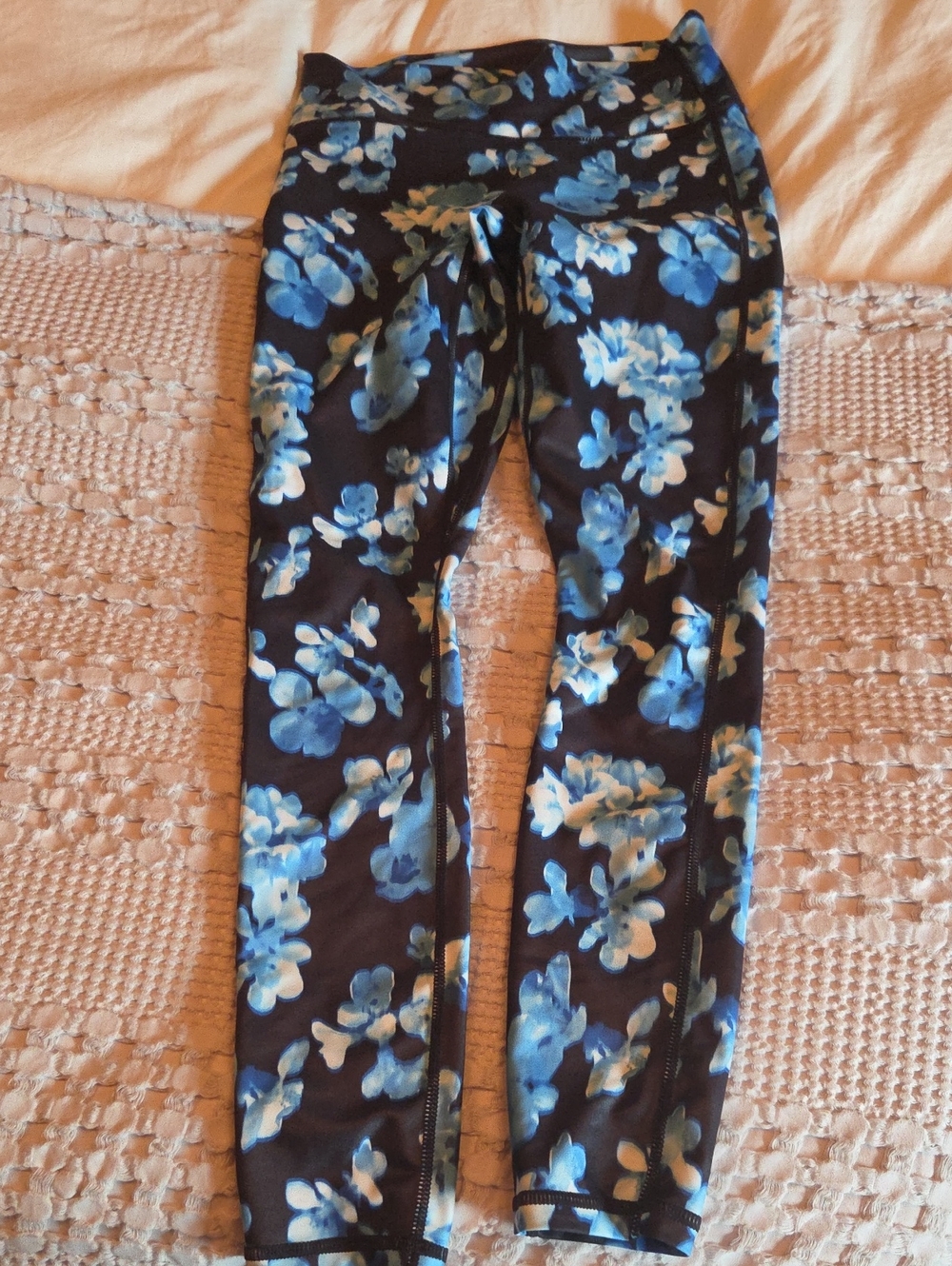 Fabletics Black Leggings with Blue Floral Print Small